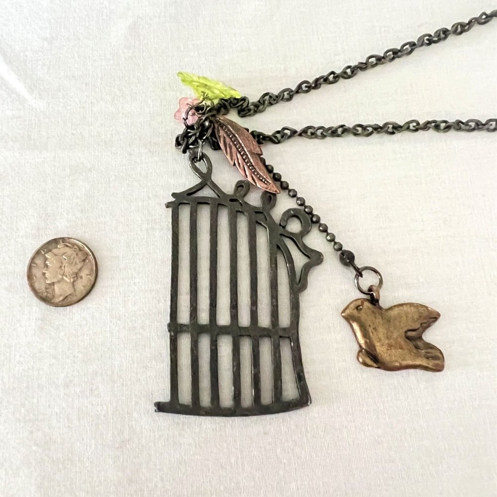 Vintage Bird Cage Pull Over Pendant Necklace Oxidized Twisted Curb Chain